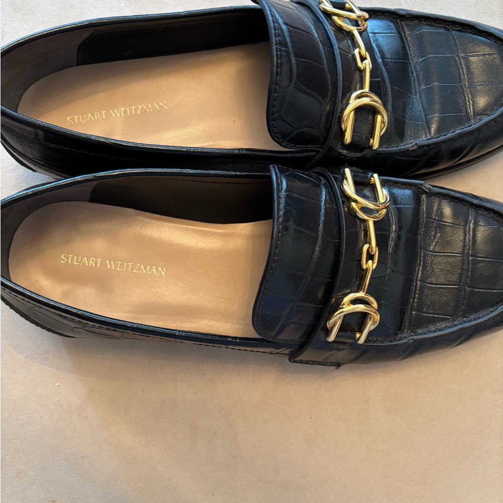 Stuart Weitzman Croc-Embossed Black Loafers with Gold Accent
